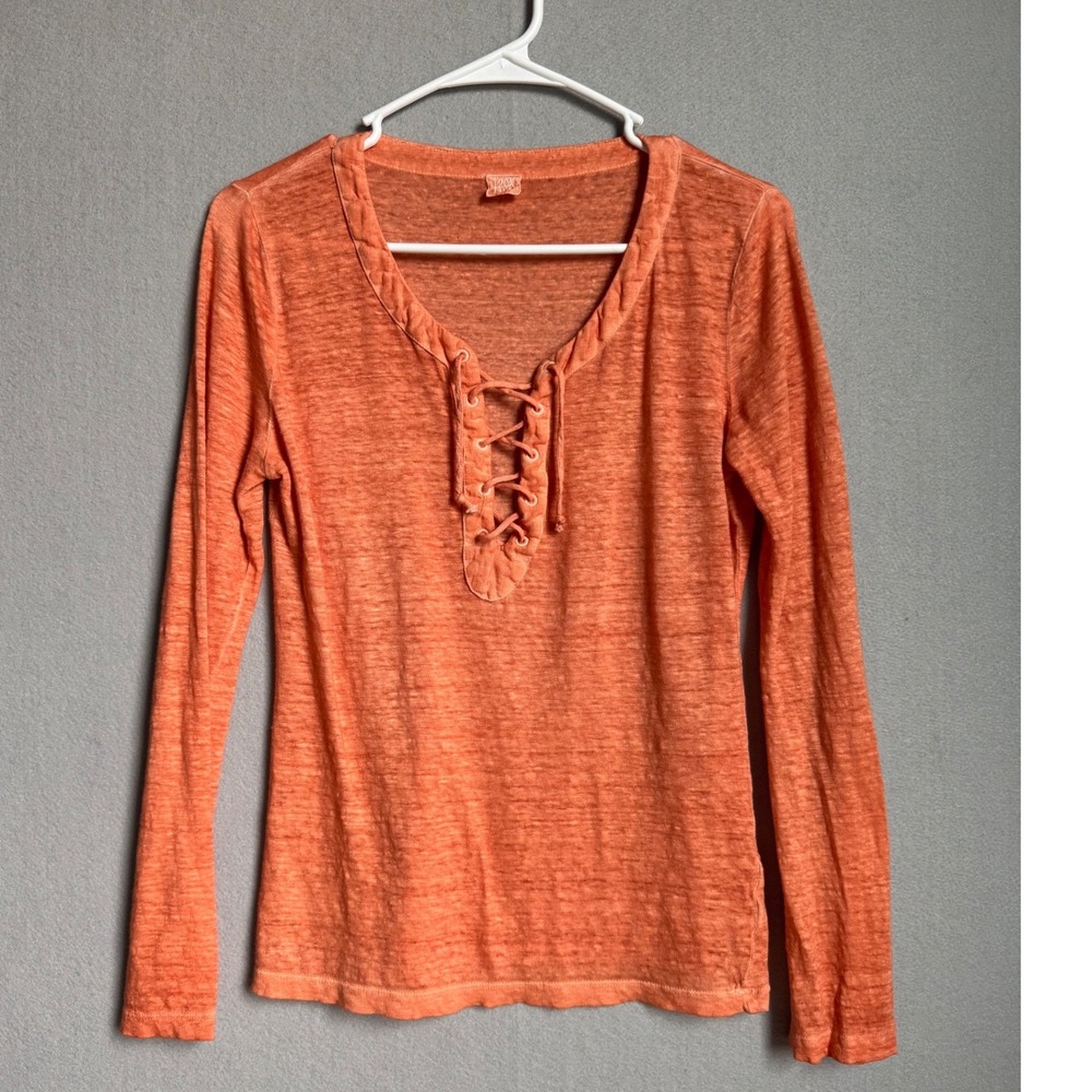 120% Lino Top Womens L Peach Lace Up V-Neck Long Sleeve Linen Slub Henley Shirt